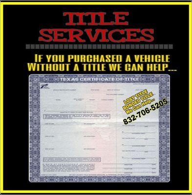 Lost Title...
Bonded Title...
Misplaced Title...
Vehicle Liens...
We can help you with any situation...