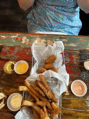 Pickle fries and mini corn dogs.