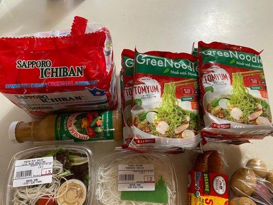 These are my favorite items Japanese noodles, Japanese style salad, Tsuma Daikon Raddish, and Soyrizo with Potatoes.