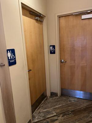 Single stall gendered restrooms- at least the women's has a changing table