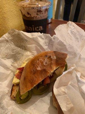 Breakfast bagel w/ Jalapeños & Iced mocha