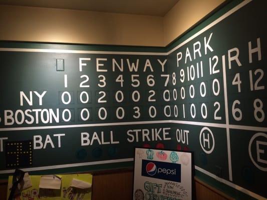 Wall painting of the Fenway Park scoreboard from Game 4 of the 2004 American League Championship Series.