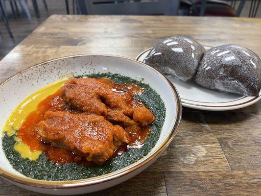 1/2/24 Gbegiri with Ewedu with goat and fish and a side of amala. Very interesting.