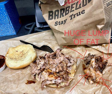 BBQ pulled pork sandwich (HUGE LUMP OF FAT on my sandwich!!!)