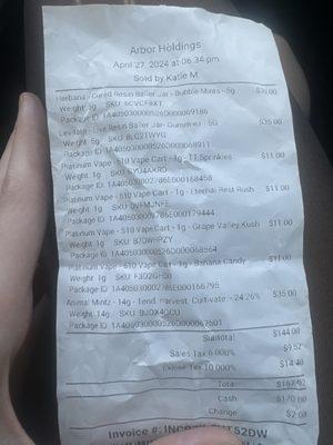 Receipt showing the great prices!!! :)