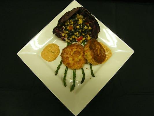 Jumbo Lump Crab Cake Entree, with Grilled Asparagus, Black Bean-Corn Relish and Classic Remoulade