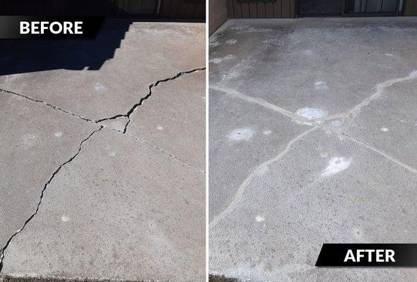 Before and after photos of a concrete patio lift and repair project in Vancouver, Washington.