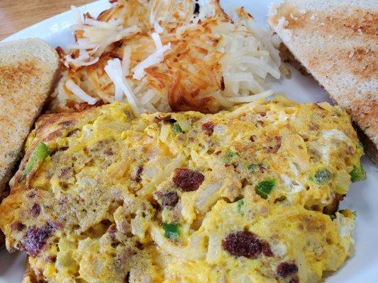 German omlet with hashbrowns and sour dough toast