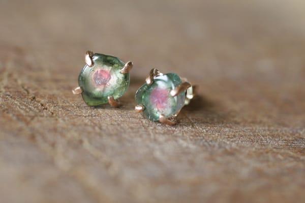 Watermelon tourmaline stud earrings in recycled 14k rose gold.