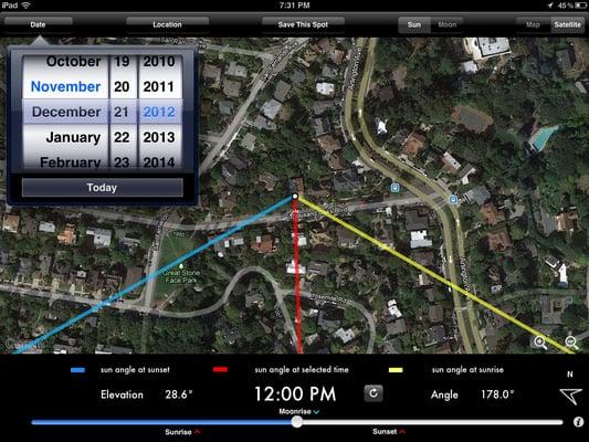 My app shows me where to be so the moon rises or sets behind a landmark.  Works great for showing buyers how sunny a home is