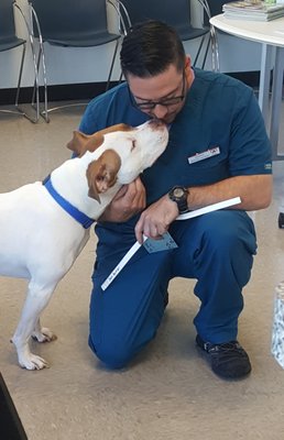 Sam gives kisses to our veterinary assistant Jonathan before his neuter surgery!