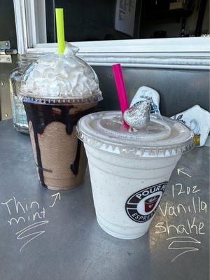 16 oz Thin mint blended. Husband said very mild mint, strong coffee taste. 12 oz vanilla shake - son said was good