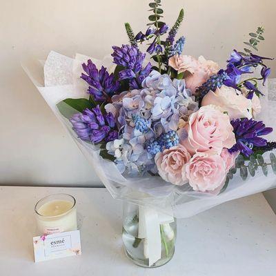 Myrto hand wrapped bouquet. Gorgeous blue delphiniums with  hyacinth and hydrangeas