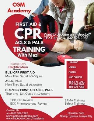 Our classes are through the American Heart Association. We do same day certification. TEXT or CALL 8329813334  Visit www.cprclasstexas.com