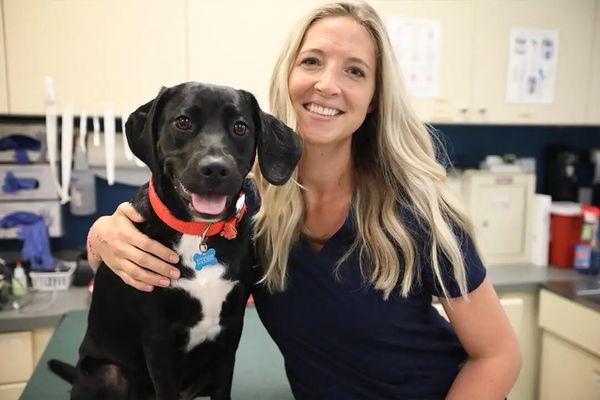 Hobbes, a happy patient, with a BluePearl veterinary technician.