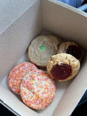 2 Sugar Cookies  2 Peanut Butter and Jelly Thumbprint Cookies 2 M&M Cookies  $1/cookie