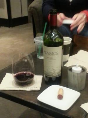 $25 Cab from Starbucks. Great wine presentation and big stemless glasses with Starbucks quote etched on glass.