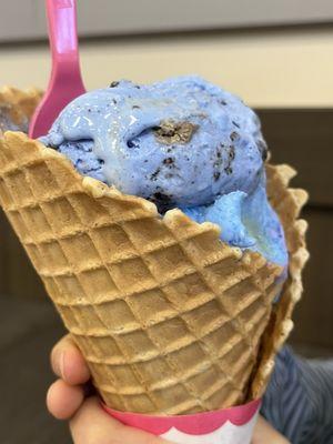 Wild sherbet and cookie monster on waffle cone