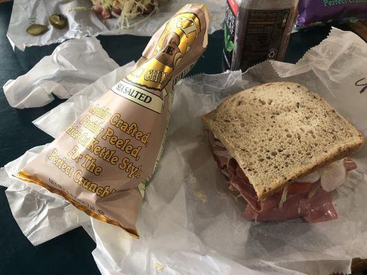 Corned Beef Sandwich and chips