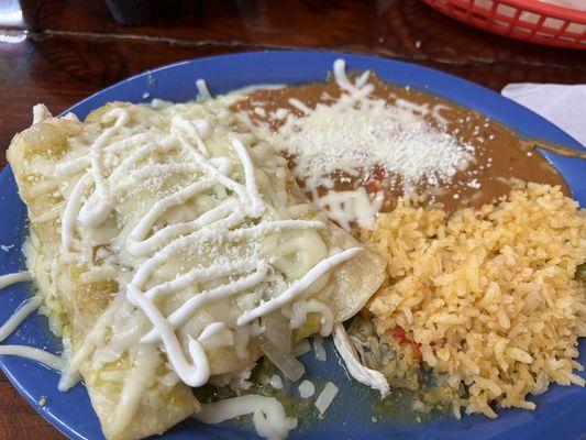 Three shredded chicken enchiladas with tomatillo sauce