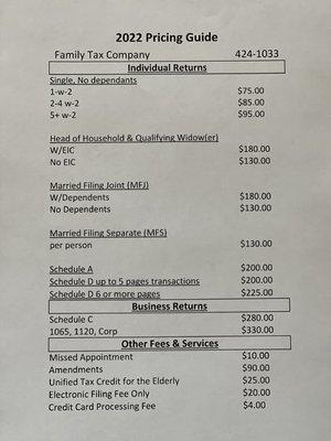 Prices for the 2021/2022 tax season