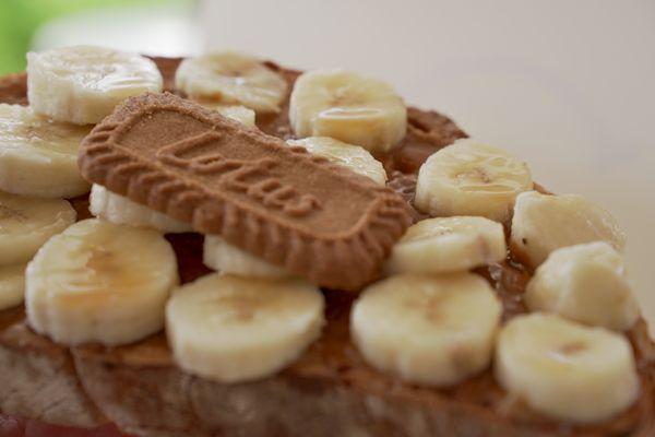 The Charli Toast...Sourdough, cookie butter spread, bananas, caramel drizzle and cookie topping.