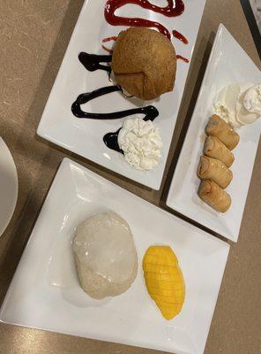 Fried Iced cream (Left), Fried Banana Rolls (Right), Mango and Sticky Rice (Bottom)