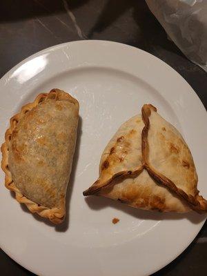 Empanadas: beef (left), mushroom and cheese (right).