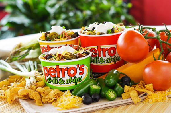 The Petro® is a stacked meal of Fritos corn chips, special recipe chili, grated cheeses, fresh diced tomato & green onions.