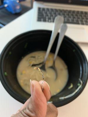 Metal coil found in my ramen soup. I pulled it out of a mouthful of ramen I was eating.