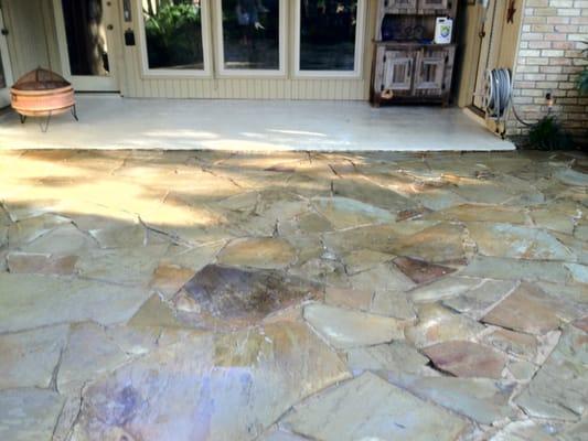 After photo of flagstone surface soft wash cleaning