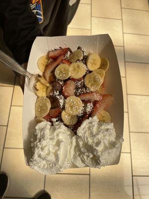 Mini Build Your Own Pancake, Nutella, bananas, strawberries, and whipped cream.