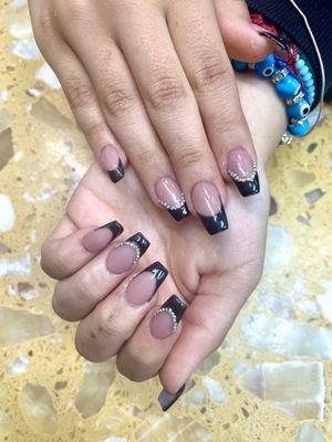 Black French, rhinestones, Fullset acrylic