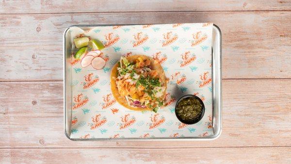 Cali Fish Taco: 
Sustainably sourced cobia, karaage, agave, lime, Asian slaw, charred pineapple, adobo aioli, and cilantro.