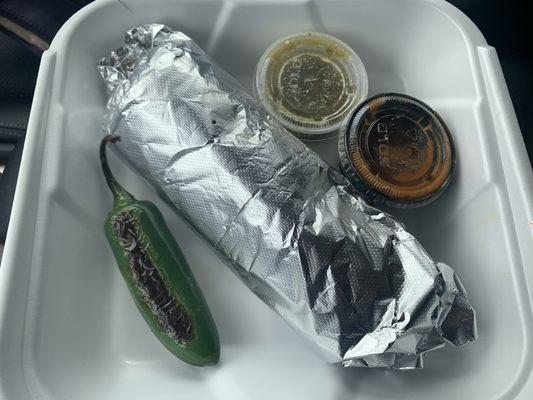 Each burrito comes standard with a whole grilled Jalepeno, and two salsas!