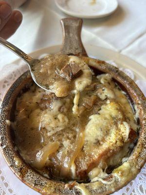 French onion soup had pieces of prime rib in it