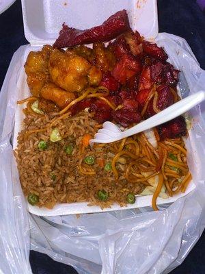 Orange chicken..bbq chicken ...bbq pork ..fried rice and chow mein