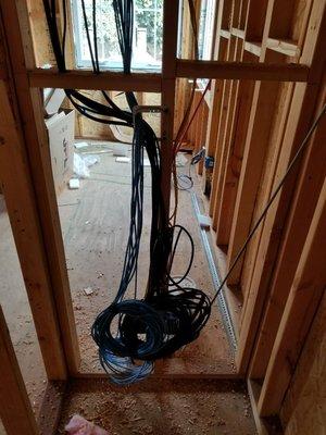 Wiring in a home being remodeled. All wires are sorted and ready for connection.