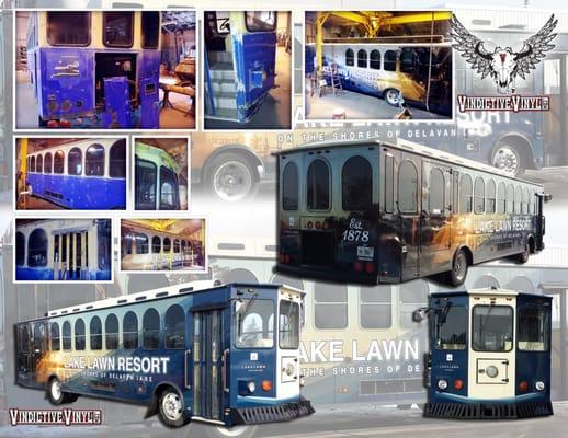 Trolley Make over and Vinyl wrap for Lakelawn Resorts in Delavan, WI.