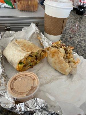 Breakfast Burrito and Hot Cappuccino The sauce they provide is amazing idk what it is but I need more