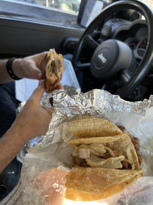 Front: Pork Carne Asada Taco Middle: Shredded Beef Taco Back: Traditional Cuban Sandwich