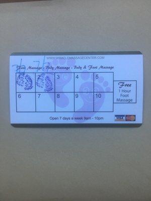 Stamp card for a free foot massage after 10 massages! Thank you!