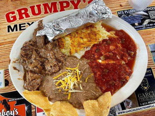 Huevos Rancheros with Carne Guisada Beans, Hashbrowns and Tortillas