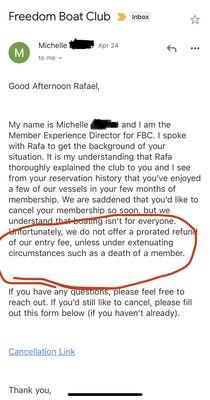 Email showing they will give you refund if a members dies