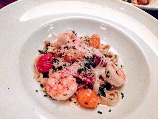 Gulf Shrimp Diavolo - fettuccine, charred tomato, pecorino, fried garlic, and red fresno