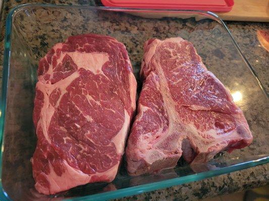 Rib eye and my fave, the T-bone. Not cheap here but great quality every time.