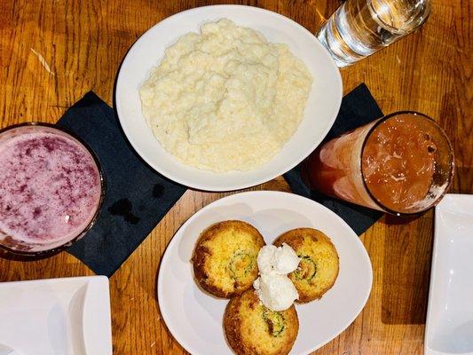 Hibiscus margarita, whiskey mango. Dinner White Cheddar Grits, Dinner Jalapeno Hush Puppies