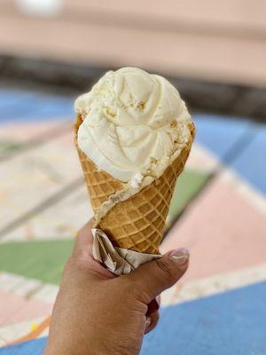 Marzipan single scoop in a homemade waffle cone - so good that the toddler I came with stole it from me