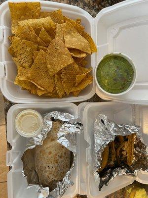 Chips and guac, burrito, tacos