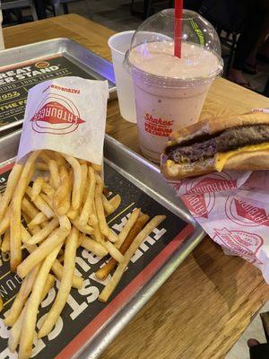 Small cheese burgers skinny fries, strawberry shake